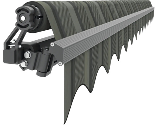 Markise mit Streifenmuster und mechanischen Bauteilen