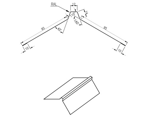 Technische Zeichnung eines Firstblechs mit Maßangaben