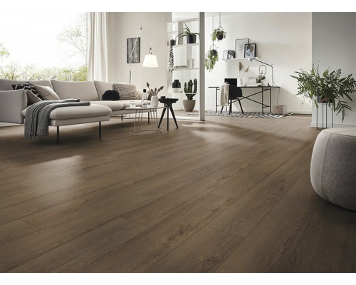 Séjour lumineux avec sol stratifié, canapé et bureau