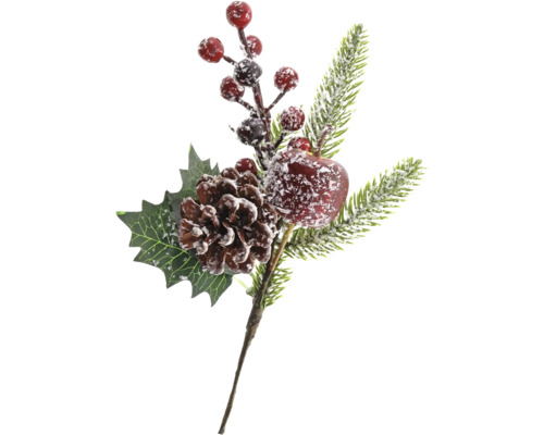 Weihnachtsdekoration Kleiner Zweig mit Tannenzapfen und Beeren Kunststoff 22 cm Dekorative Weihnachtszweig mit Tannenzweigen, Zapfen, Beeren und Apfel