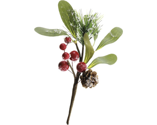 Weihnachtsdekoration Dekorierter Zweig Kunststoff 18 cm rot Dekozweig mit Beeren, Kiefer und Zapfen