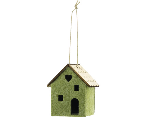 Dekoobjekt Haus aus Filz mit Holzdach 4,5 x 4,5 x 6 cm grün Dekoratives grünes Haus aus Filz mit Aufhängeschnur