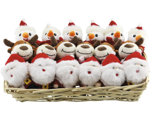 Plüschfiguren Schlüsselanhänger Korb mit Schneemann, Rentier und Weihnachtsmann Plüschtieren