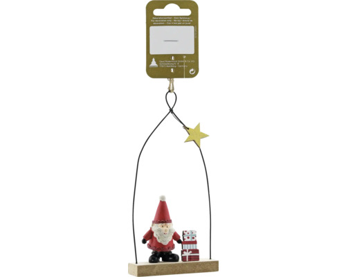 Weihnachtsbaumanhänger Nikolaus auf Holzschaukel rot Dekorativer Weihnachtsmann mit Geschenkstapel und Stern als Anhänger