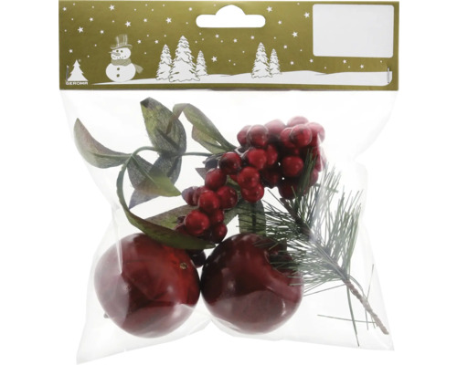 Weihnachtsdekoration Äpfel mit Beeren und Blättern Kunststoff rot 2 Stück Verpackung mit Dekorationselementen: Zweige, rote Beeren und Kugeln.