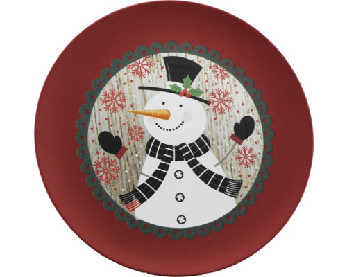 Dekoteller Kunststoff Ø 33 cm H 1,7 cm rot Teller mit Schneemannmotiv für festliche Tischdekoration