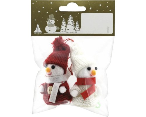 Weihnachtsbaumschmuck Strickschneemann Styropor H 6 cm Zwei Schneemannfiguren als Weihnachtsbaumschmuck in einer Verpackung.