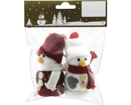 Weihnachtsbaumschmuck Strickschneemann Styropor H 8 cm Zwei Schneemann-Anhänger mit gestrickten Mützen und Schals in einer Verpackung