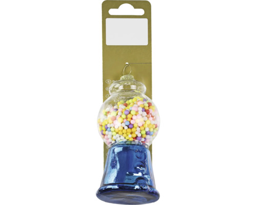 Weihnachtsbaumanhänger Automat Glas 5,3 x 11 cm blau mit Kügelchen Dekorativer Christbaumanhänger in Form einer Bonbonmaschine, gefüllt mit bunten Kugeln