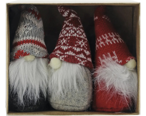 Suspension pour sapin de Noël lutin tissu H 10 cm 3 pièces Trois nains avec des bonnets tricotés et de longues barbes dans une boîte