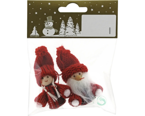 Suspension pour sapin de Noël figures tissu 6 cm rouge 2 pièces Deux lutins de Noël décoratifs dans un emballage transparent.