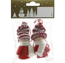Emballage de deux décorations de sapin de Noël en forme de figurines avec bonnets et écharpes