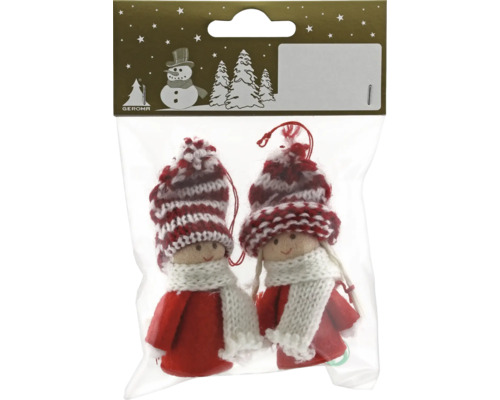 Suspension pour sapin de Noël figures en feutre/tricot rouge 2 pièces Emballage de deux décorations de sapin de Noël en forme de figurines avec bonnets et écharpes