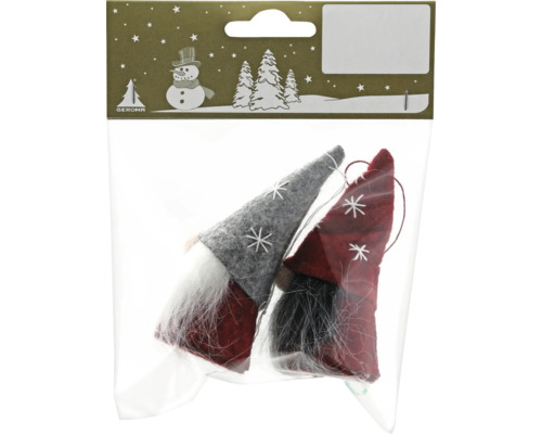 Deux nains décoratifs avec bonnets et barbes dans un emballage