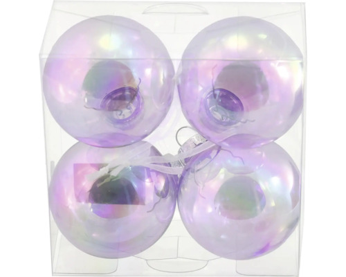 Boules de sapin de Noël acrylique irisé Ø 6 cm lilas 4 pièces Quatre boules de Noël dans une boîte