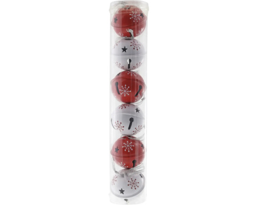 Weihnachtsbaumanhänger Metallglocken rot/ weiß 6 Stück Packung mit Christbaumglocken in transparenter Verpackung