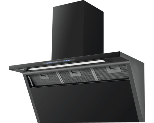Hotte aspirante noire avec filtres métalliques et panneau de commande