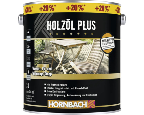 HORNBACH Holzöl Plus teak 3 l (20 % Gratis!) lösemittelfrei Holzöl Plus Dose mit der Aufschrift Wasser, UV und Witterungsschutz sowie Hornbach Logo