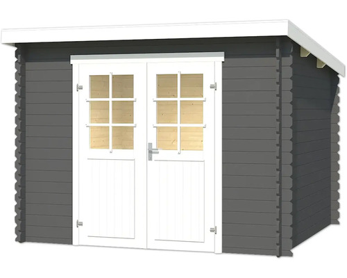 Graues Gartenhaus mit Doppeltür und Fenstern