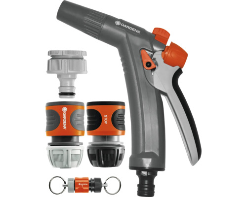 Gardena Impulsbrause mit verschiedenen Anschlussstücken für Gartenschläuche
