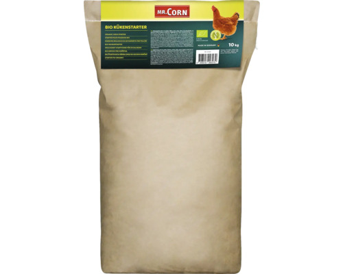 Logo Mr. Corn, sac d''aliment biologique pour poussins avec un contenu de 10 kilogrammes