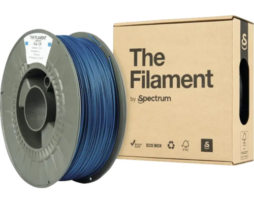 Spule mit blauem 3D-Druckfilament aus PLA CF und Verpackung