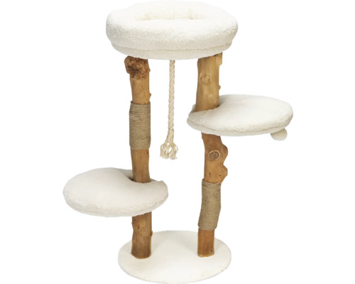 Kratzmöbel Designed by Lotte Kratzbaum Vanja ca. 40 x 40 x 87 cm Dattel- und Birnbaum-Holz, Sisal, Alu 2 Ebenen, 1 Höhle , beige, Spielseil Katzenkratzbaum mit Liegeflächen aus Holz und Plüsch