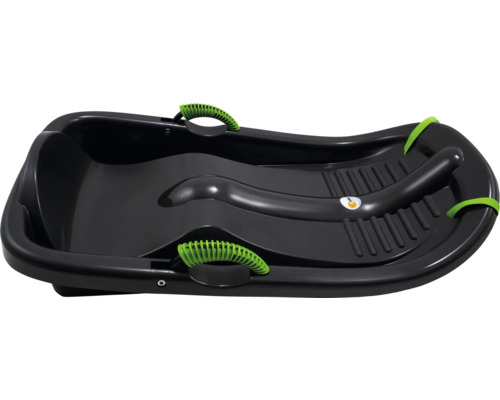 Schwarzer Rodelschlitten mit grünen Griffen.