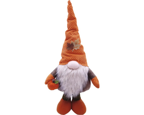 Lutin en peluche avec feuille, jambes extensibles Lafiora h 95 cm orange/marron Nain d''automne avec bonnet, barbe et citrouille
