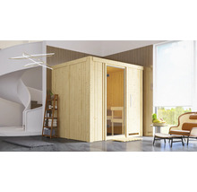 Holzsauna mit Glastür in einem modernen Raum mit Wendeltreppe und Sitzgelegenheit am Fenster