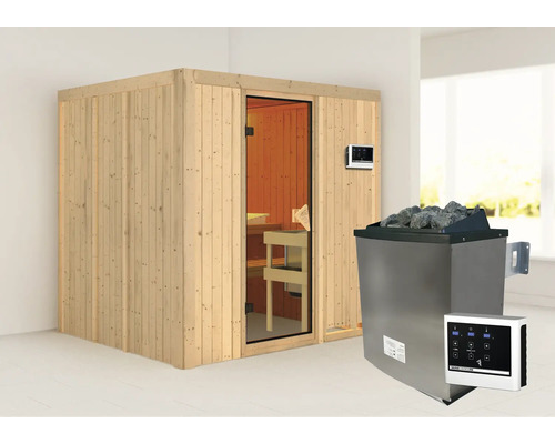 Sauna modulaire Karibu Sodina avec poêle 9 kW et commande ext. sans couronne avec porte entièrement vitrée coloris bronze