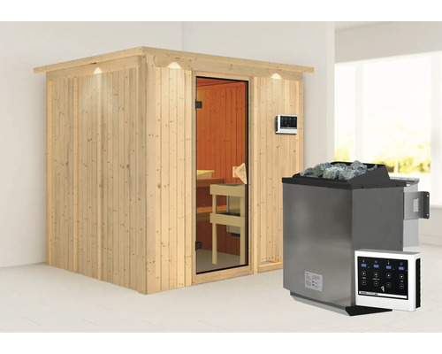 Elementsauna Karibu Sodina inkl. 9 kW Bio Ofen u.ext.Steuerung und Dachkranz mit bronzierter Ganzglastüre Elementsauna Karibu Sodina inkl. 9 kW Bio Ofen u.ext.Steuerung und Dachkranz mit bronzierter Ganzglastüre