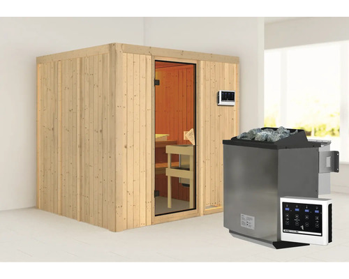 Sauna modulaire Karibu Sodina avec poêle bio 9 kW et commande ext. sans couronne avec porte entièrement vitrée coloris bronze