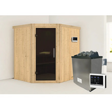 Sauna d''angle avec porte en verre et poêle de sauna avec pierres