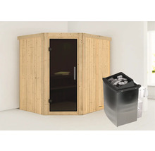 Holzsauna mit Glastür und Saunaofen