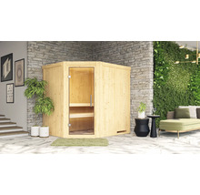 Sauna en bois avec porte en verre et bancs à l''intérieur