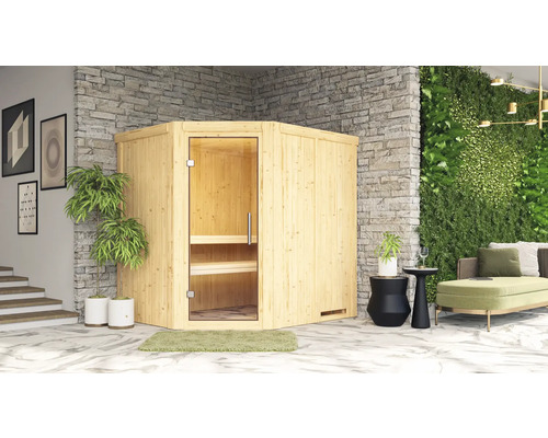 Elementsauna Karibu Petalit inkl. 9 kW Ofen u.integr.Steuerung ohne Dachkranz mit Ganzglastüre aus Klarglas Elementsauna Karibu Petalit inkl. 9 kW Ofen u.integr.Steuerung ohne Dachkranz mit Ganzglastüre aus Klarglas