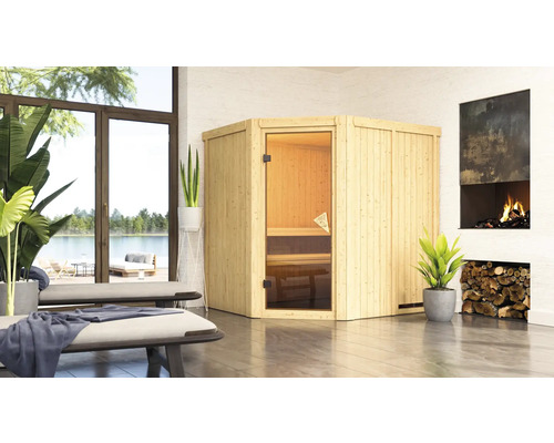 Sauna modulaire Karibu Siirina avec poêle bio 9 kW et commande ext. sans couronne avec porte entièrement vitrée coloris bronze Sauna modulaire Karibu Siirina avec poêle bio 9 kW et commande ext. sans couronne avec porte entièrement vitrée coloris bronze