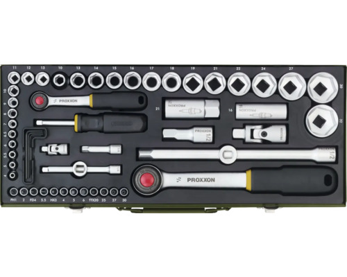 Coffret à outils Proxxon avec cliquets, clés et embouts de différentes tailles.