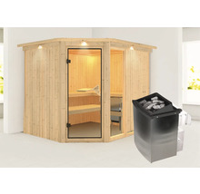 Sauna d''angle avec poêle de sauna en intérieur