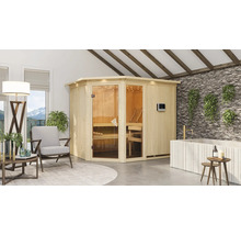 Sauna lumineuse avec porte en verre, bancs en bois et panneau de commande numérique dans une salle de bains avec baignoire et coin salon.