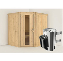 Sauna d''angle en bois avec porte en verre et poêle de sauna