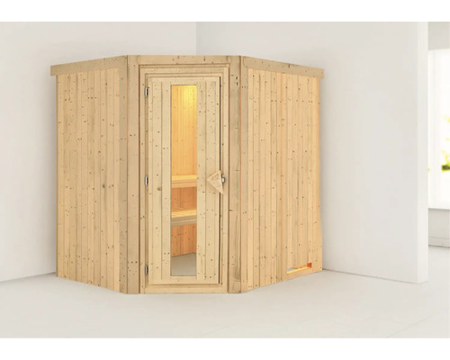 Sauna Plug & Play Karibu Silja sans poêle ni couronne, avec porte en bois et verre isolé thermiquement