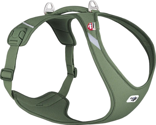 Harnais pour chien vert avec sangles réglables.