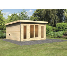 Holzgartenhaus mit Flachdach und Doppeltür im Garten