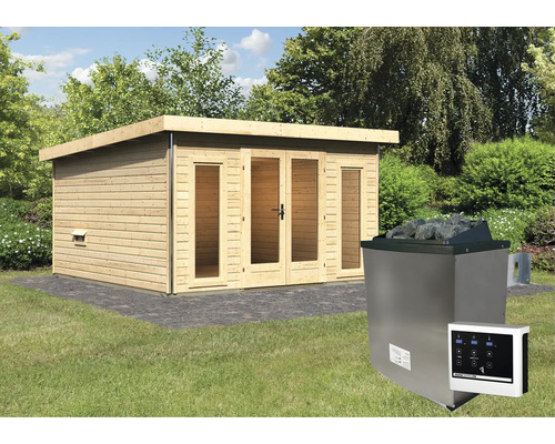 Chalet sauna Karibu Sainburga 3 Set B avec poêle 9 kW et commande externe avec vestibule, fenêtre et porte en bois avec verre transparent Chalet sauna Karibu Sainburga 3 Set B avec poêle 9 kW et commande externe avec vestibule, fenêtre et porte en bois avec verre transparent