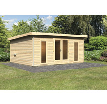 Gartenhaus aus Holz mit Fenstern und Doppeltür
