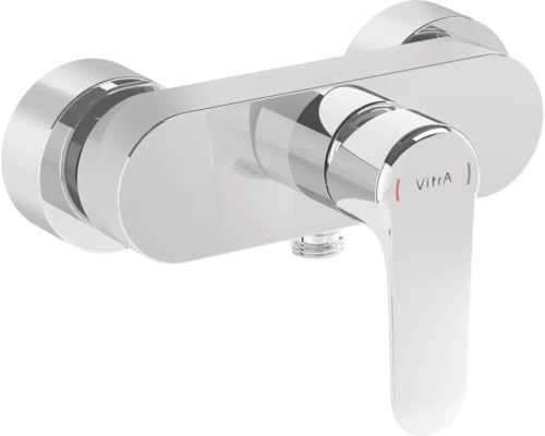 Mitigeur de douche chromé avec levier unique et logo Vitra.
