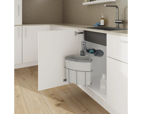 Küchenspüle mit eingebautem Abfalleimer und Reinigungsmittelhalterung