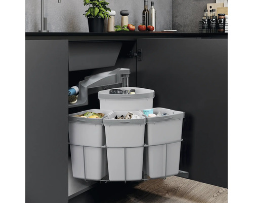 Abfalltrennsystem für Küchenschrank mit mehreren Behältern zur Mülltrennung.